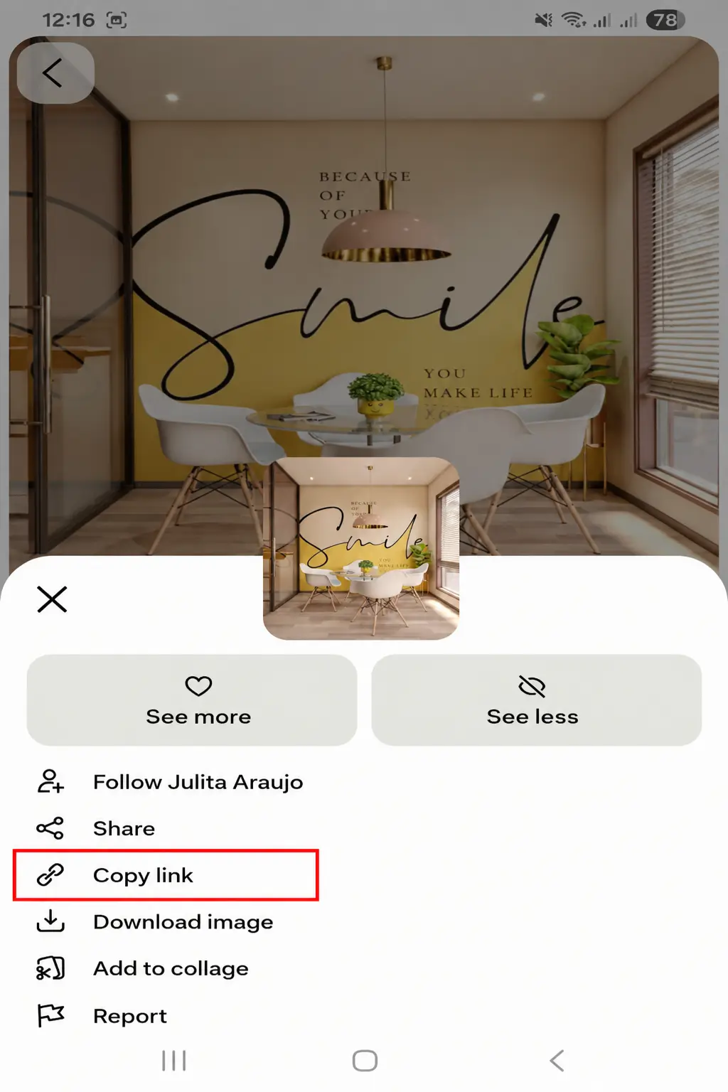 خيار نسخ الرابط في قائمة مشاركة Pinterest