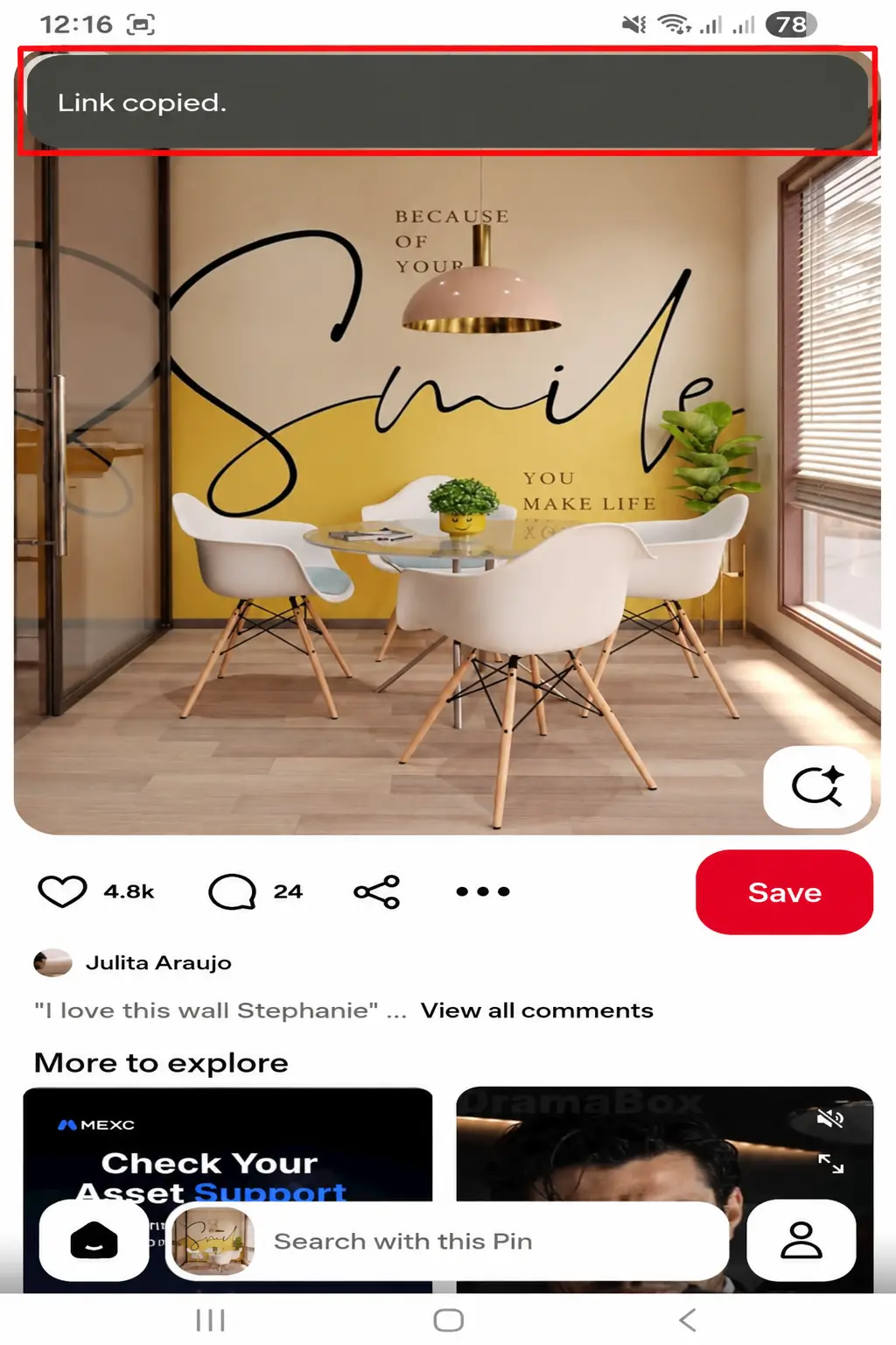 تأكيد نسخ الرابط في تطبيق Pinterest