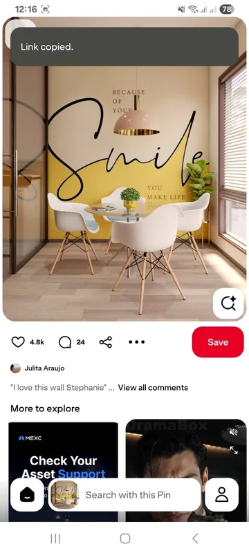 Confirmation de lien copié dans l'app Pinterest