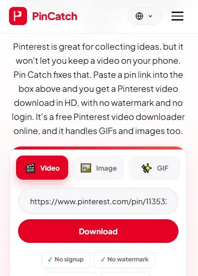 واجهة منزّل فيديو Pinterest من PinCatch مع حقل إدخال الرابط وزر التنزيل